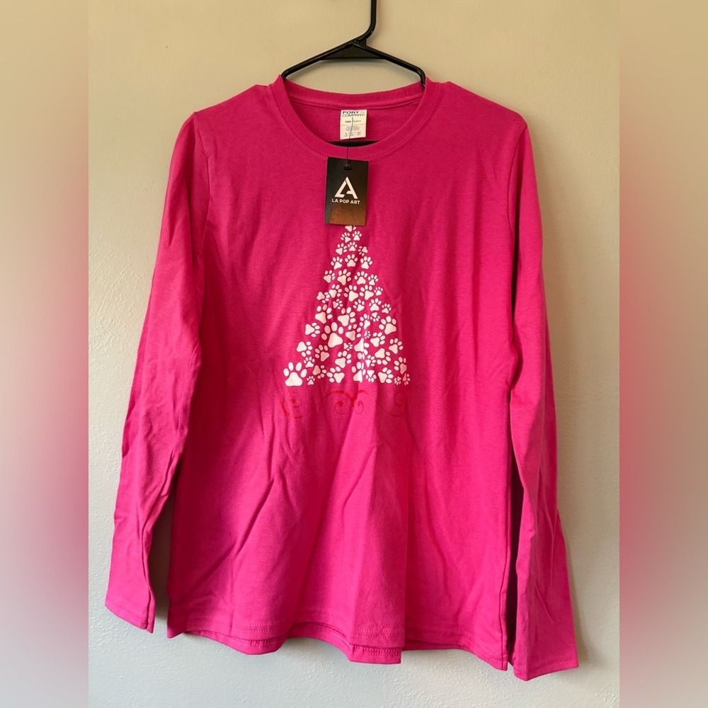 LA Pop Art Hot Pink Long-Sleeve Tee with White Paw Tree Graphic